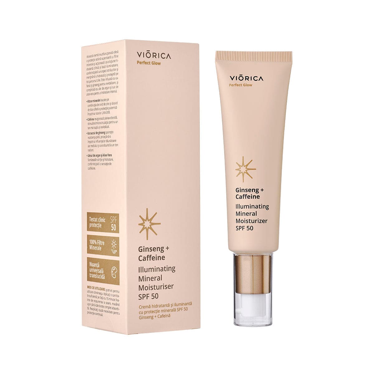 Cremă hidratantă și iluminantă cu protecție minerală SPF 50 Ginseng + Cafeină, Perfect Glow